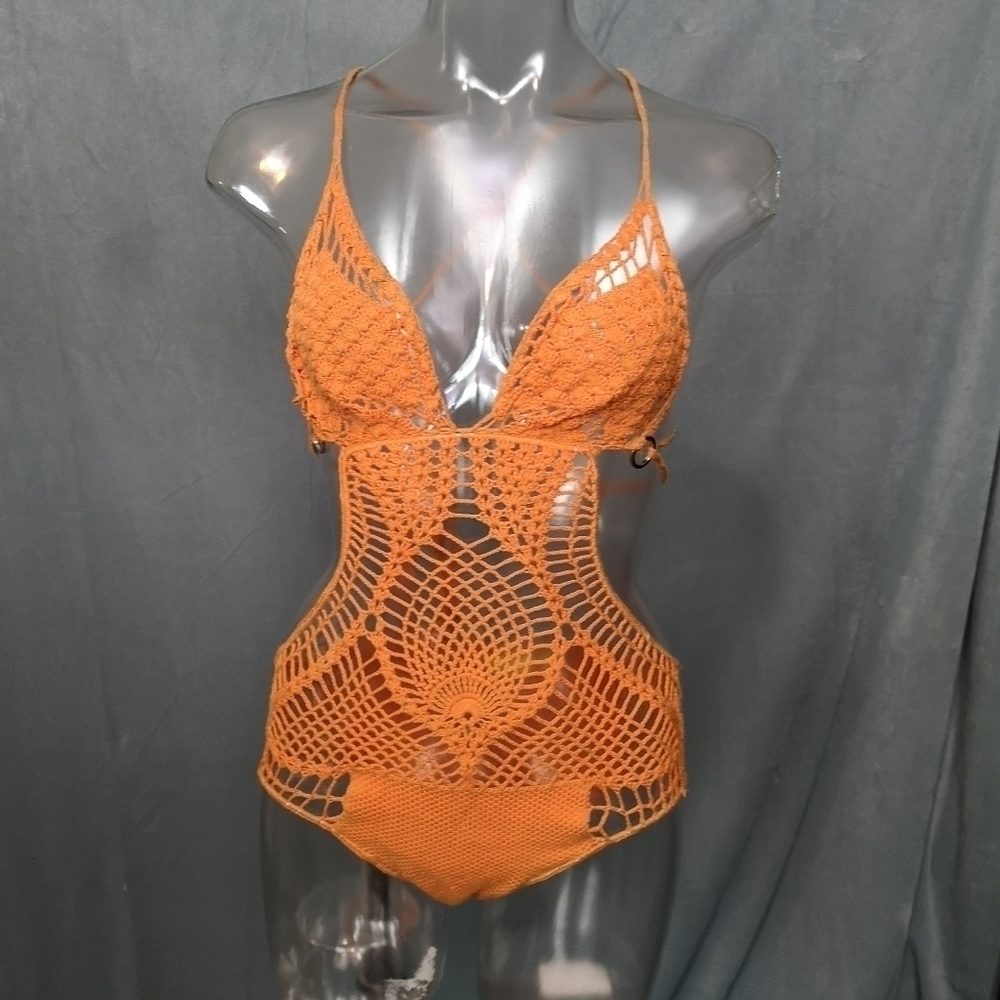 Vintage Crochet Knit Swimsuit Tankini with Cutouts